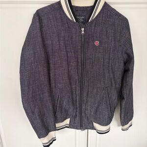 90s Abercrombie & Fitch Navy Chambray Bomber Jacket with Cream Trim M